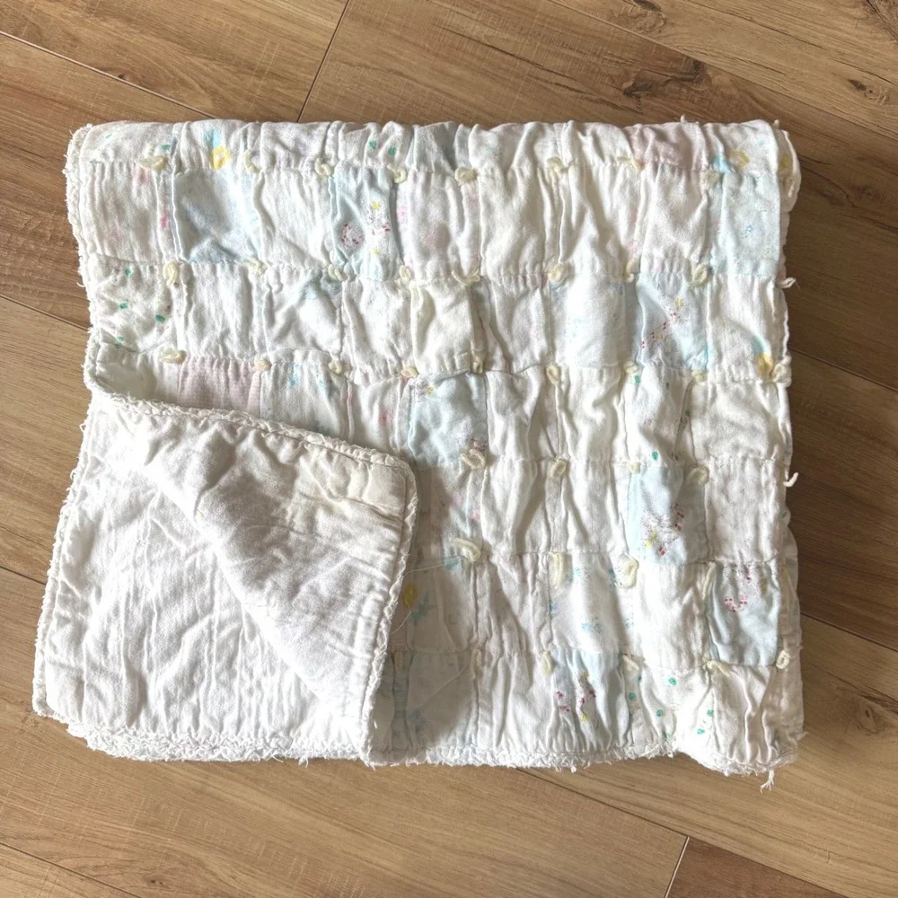 Handmade Vintage Baby Quilt Patchwork Pastel Hand Tied Nursery Blanket 35x32